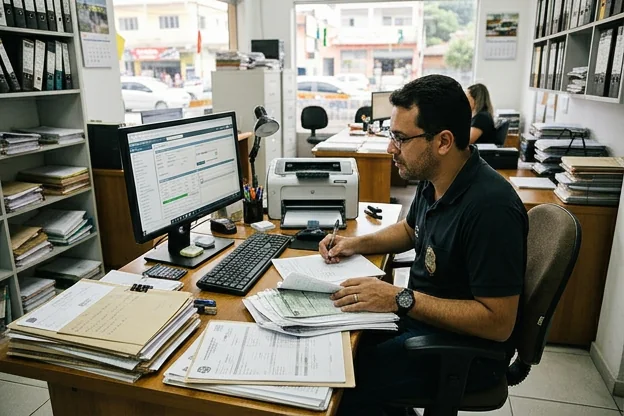 Despachante em plena atividade com documentos e computador em Magé.