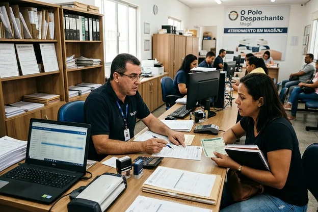 Despachante orientando cliente sobre regularização veicular com papéis.