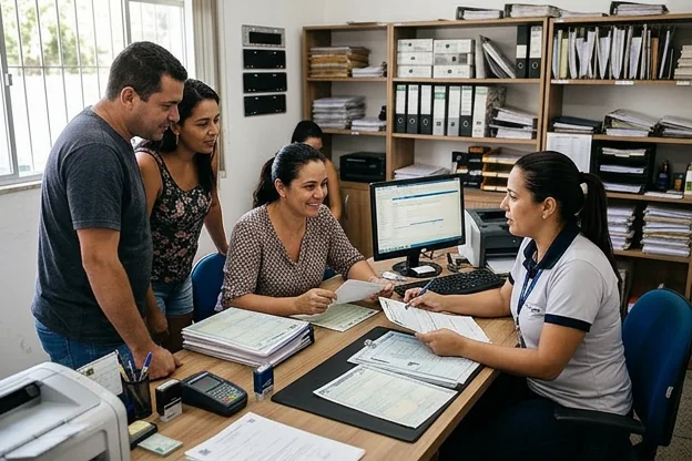 Grupo de pessoas discutindo sobre a escolha de despachante em Magé.