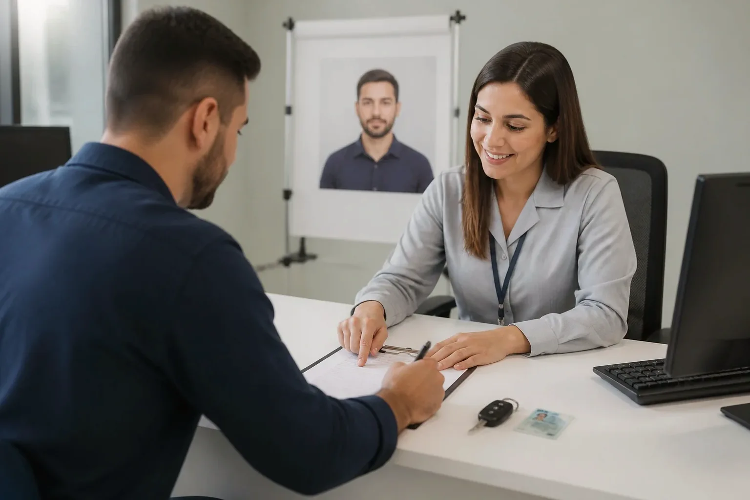 Profissional ajudando cliente com os documentos para renovar a CNH.